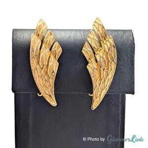 Vintage Coro Textured Wing Ear Climber Gold Tone Clip On Earrings